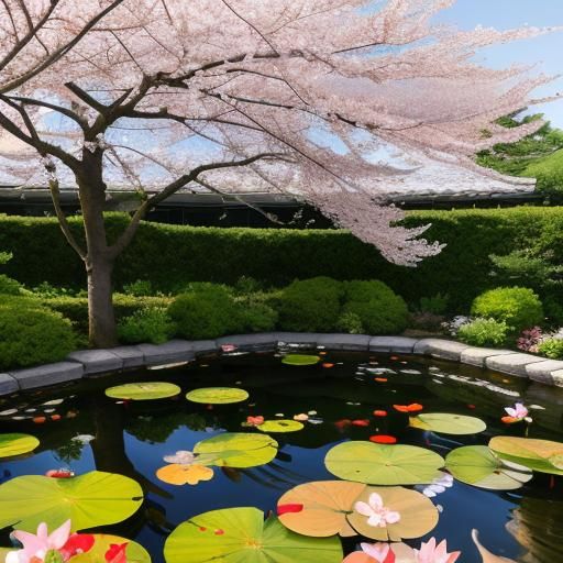 Cherry Blossom Trees and Koi Pond Scene