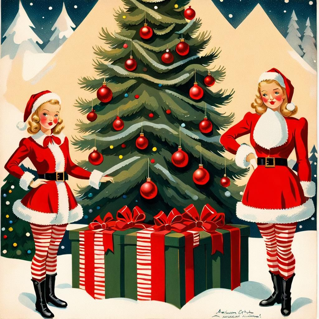 Vintage 1940s Christmas Postcard with Girls and Tree