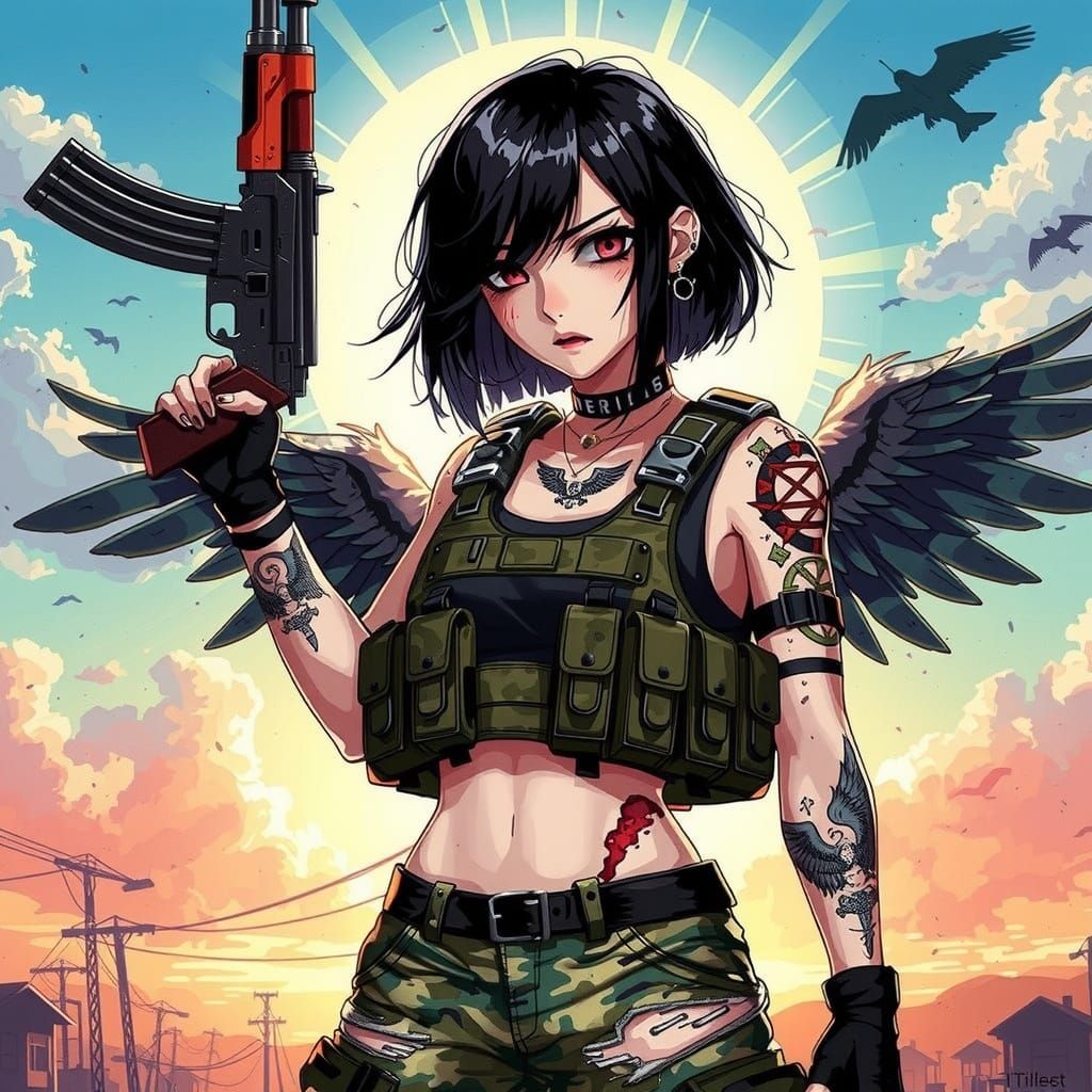 Manga-Inspired Emo Girl with Wings Tattoo and Assault Rifle