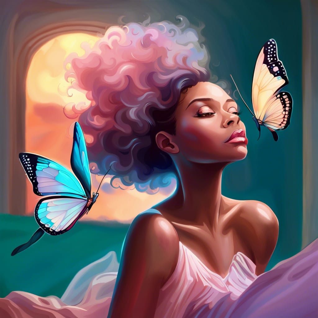 Woman with Butterfly Wings in Pastel Colors