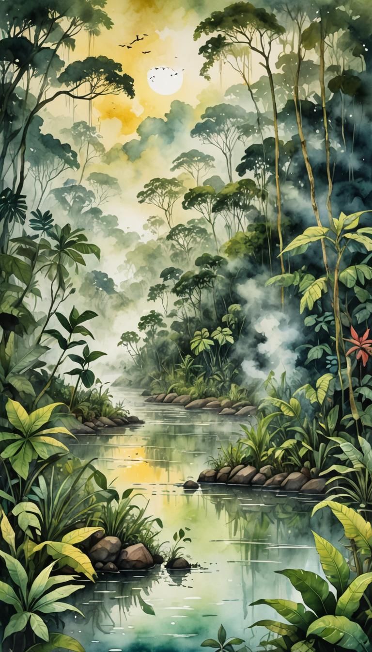Amazon River Mist: A Dreamy Watercolour Illustration