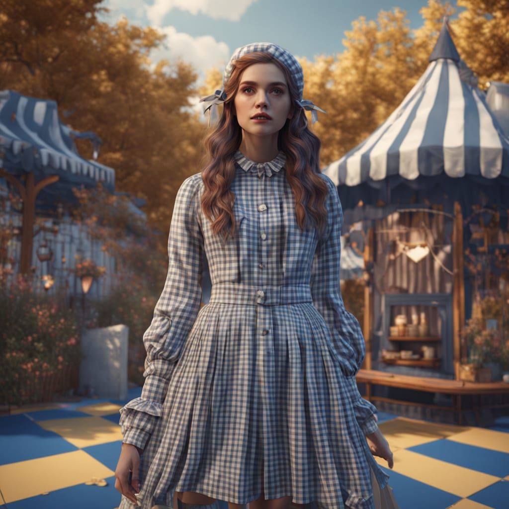 Glamorous Gingham Model in Vibrant Fantasy Setting