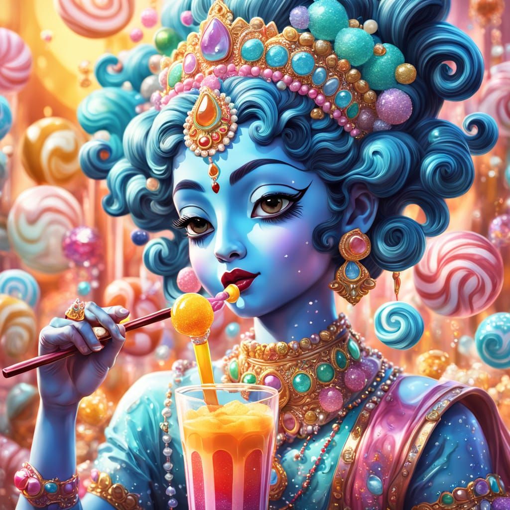 Krishna Sipping Boba: Candy Art Digital Illustration