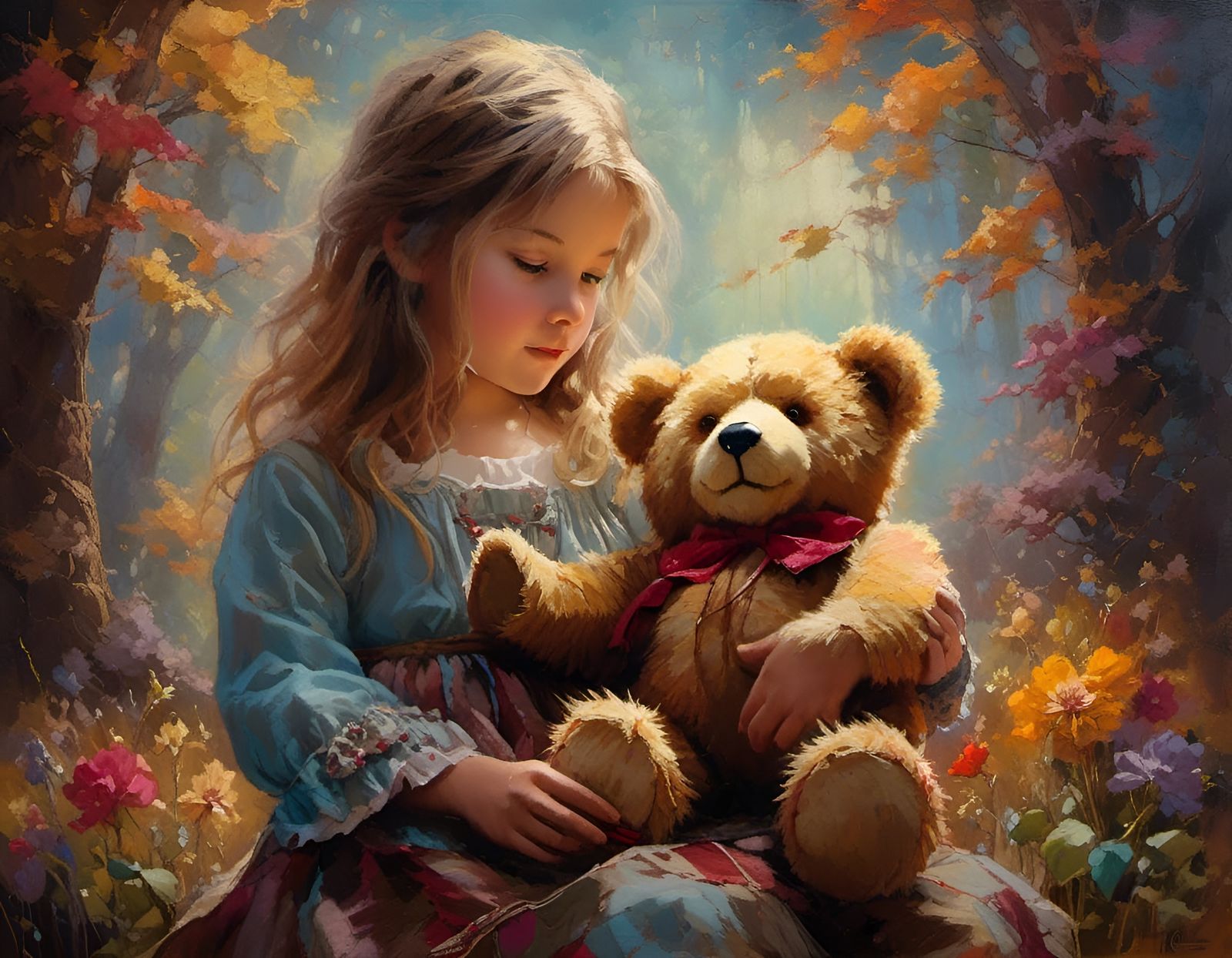Girl with Teddy Bear in Folk Art Style
