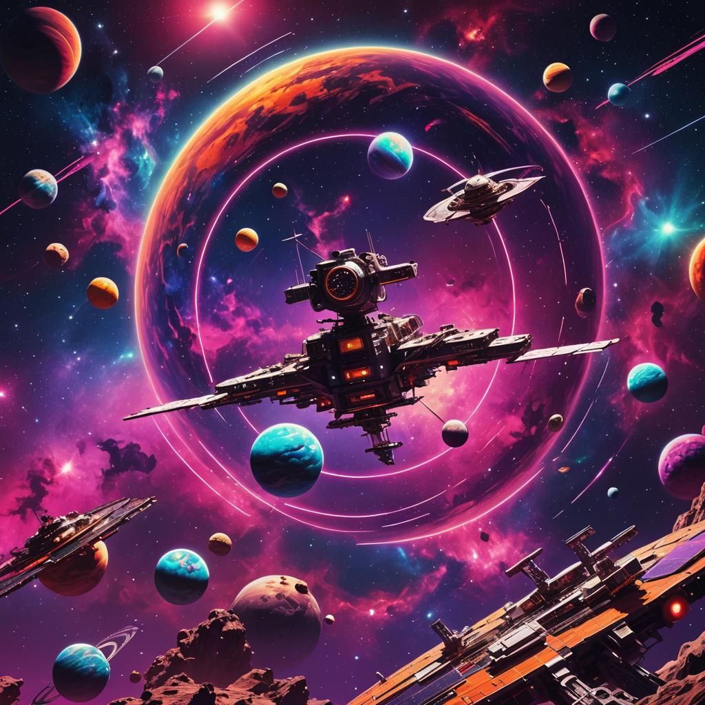 Space Station Over Multicolored Galaxy in Synthwave Neon