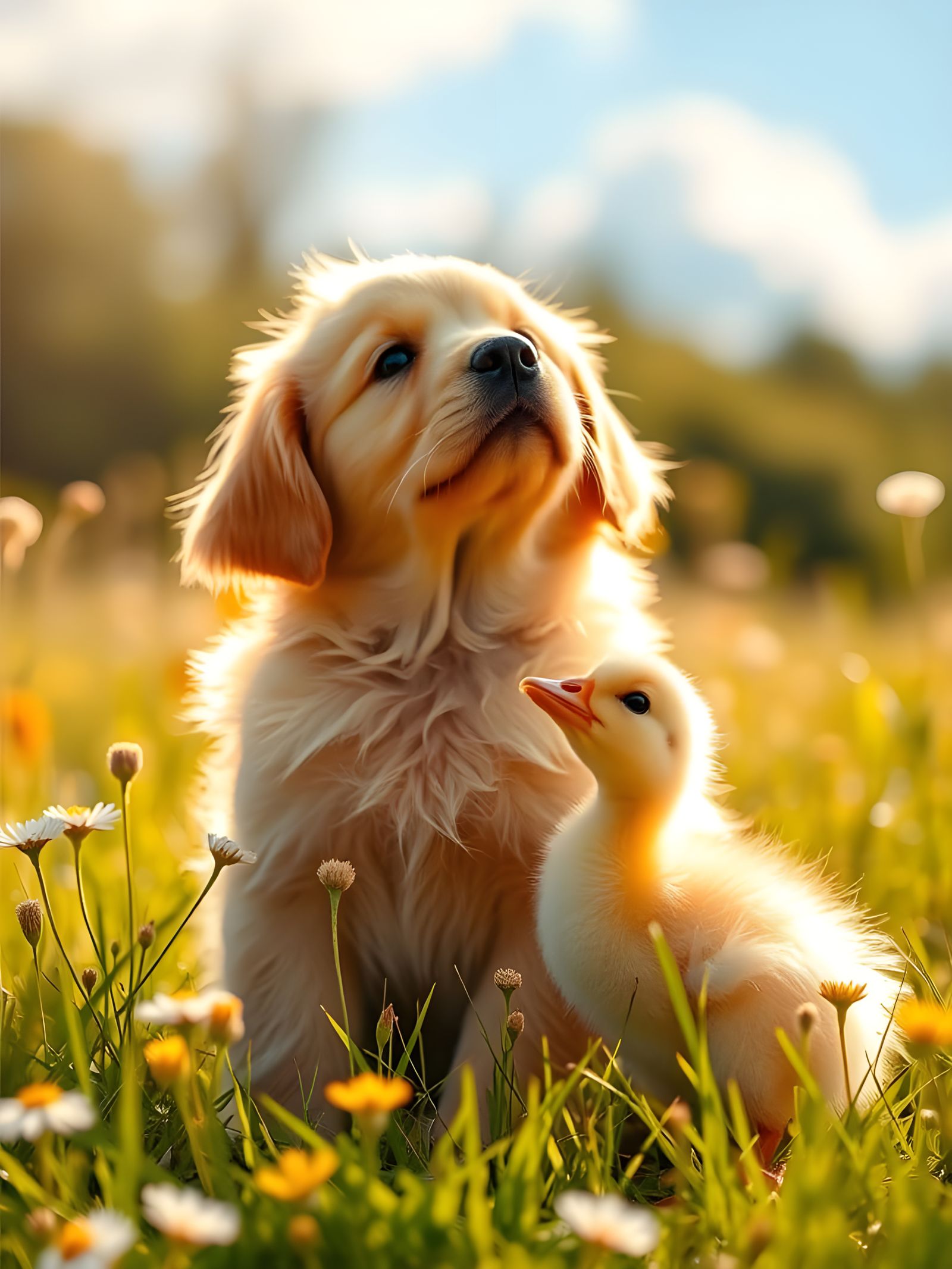 Cute Puppy and Duckling in Sunny Meadow
