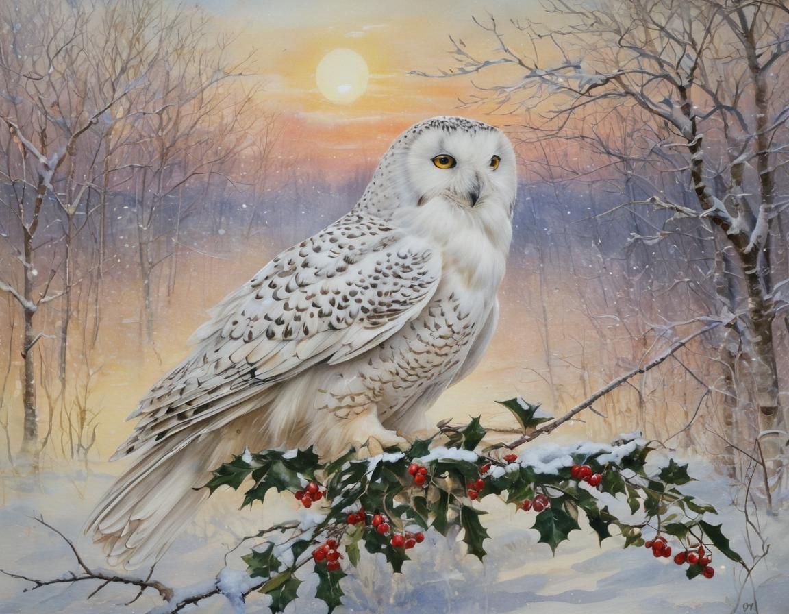 Snow Owl in Winter Sunset: Watercolor Painting