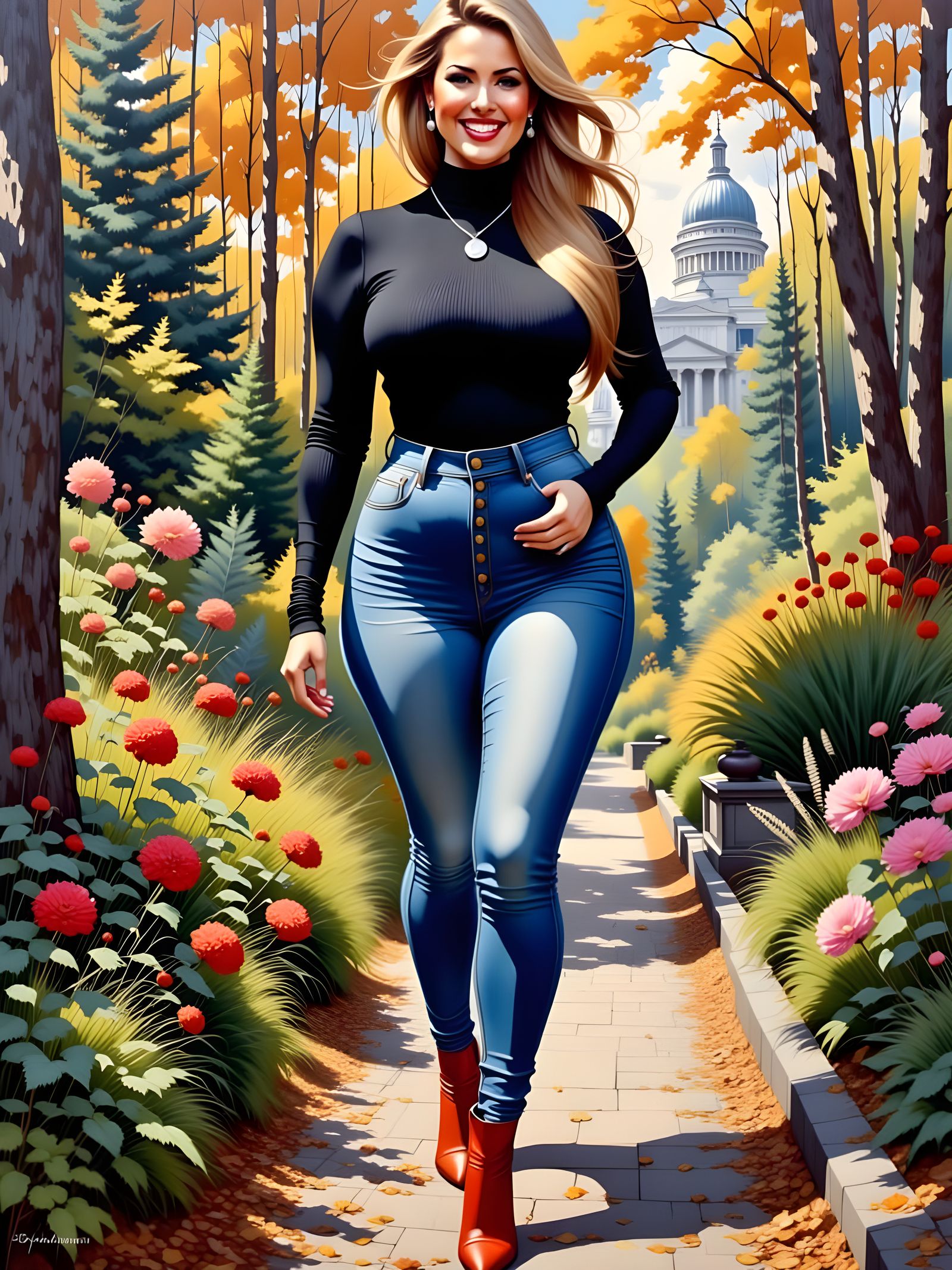 Curvy Woman in Garden: Detailed Oil Painting