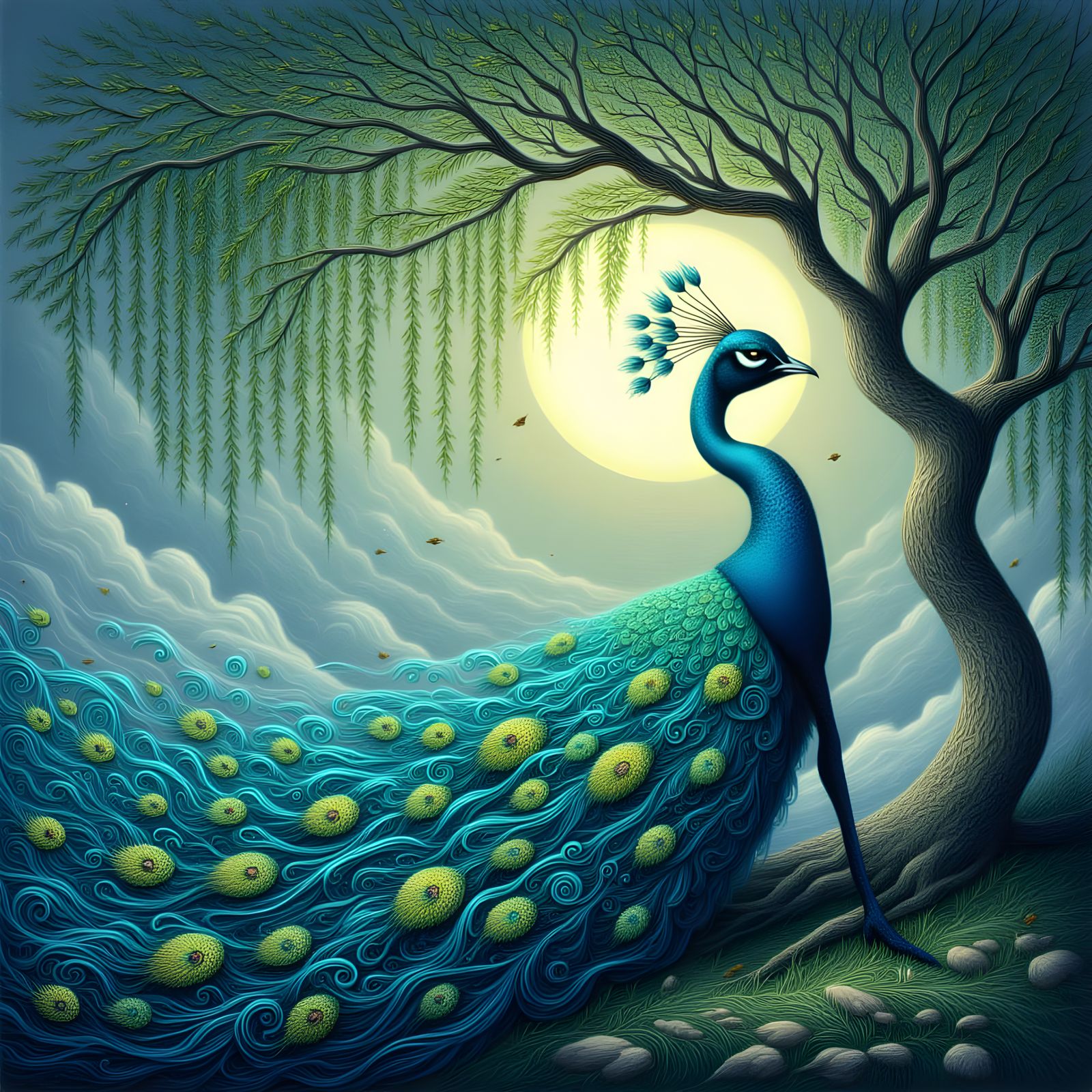 Gem-Colored Peacock Under Weeping Willow