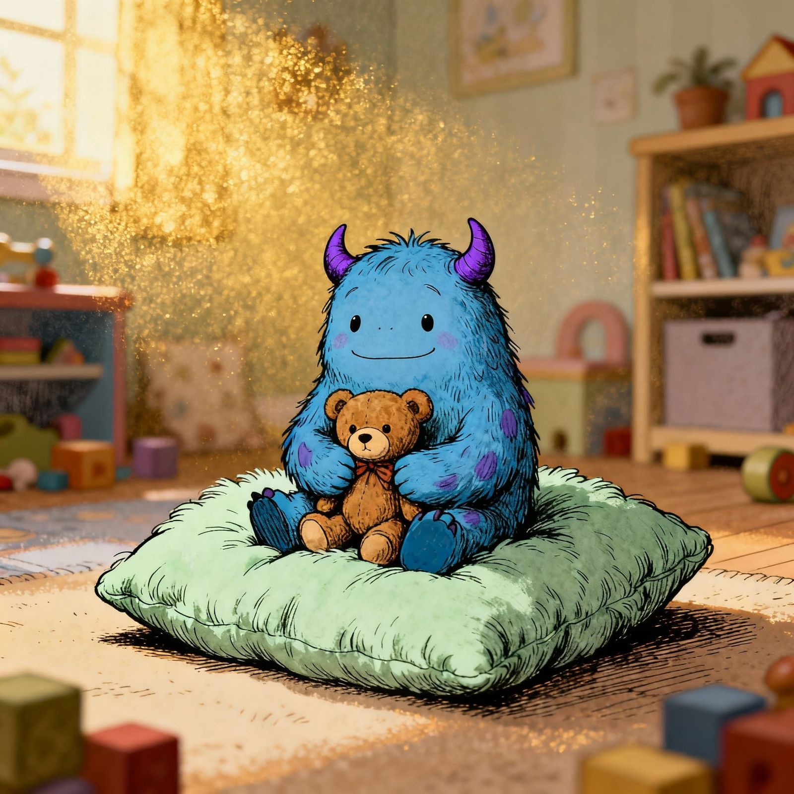 Cute Blue Monster With Teddy Bear in Playroom