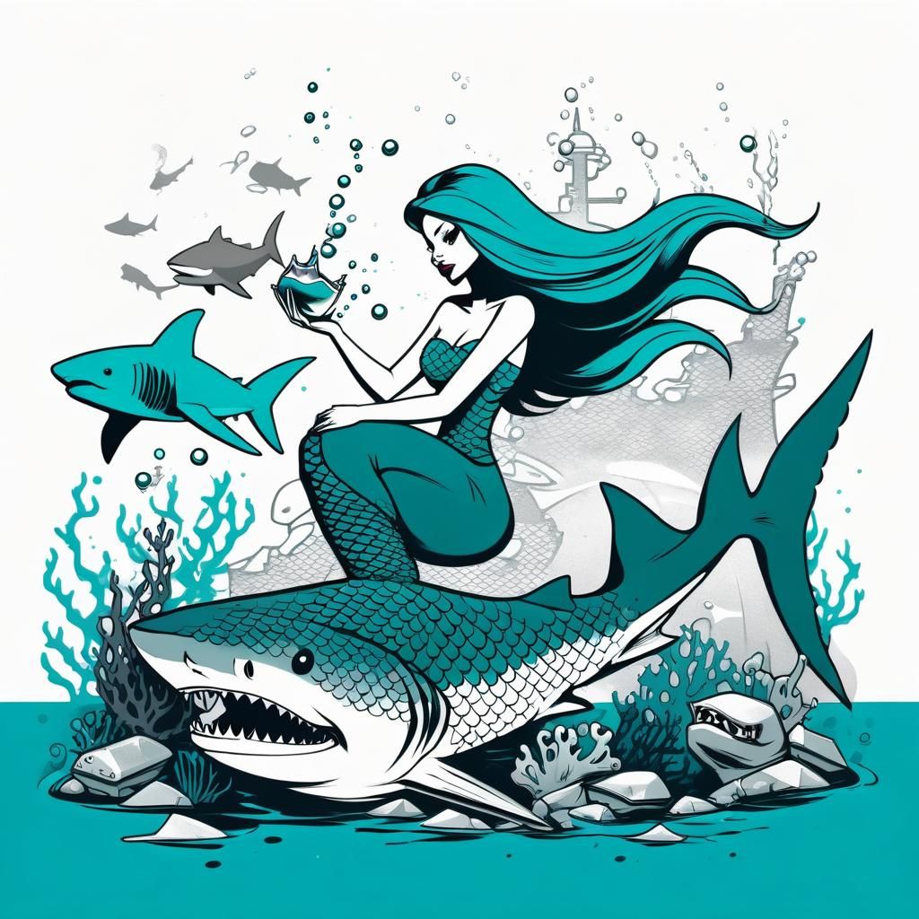 Mermaid Princess Petting Sharks in Graffiti Art Style
