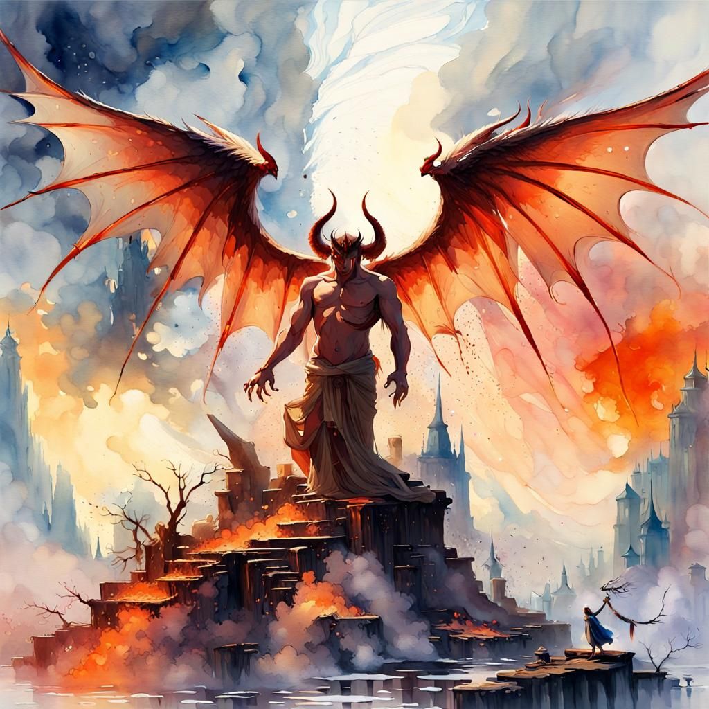 Winged Devil and Angel in Surreal Watercolor Landscape