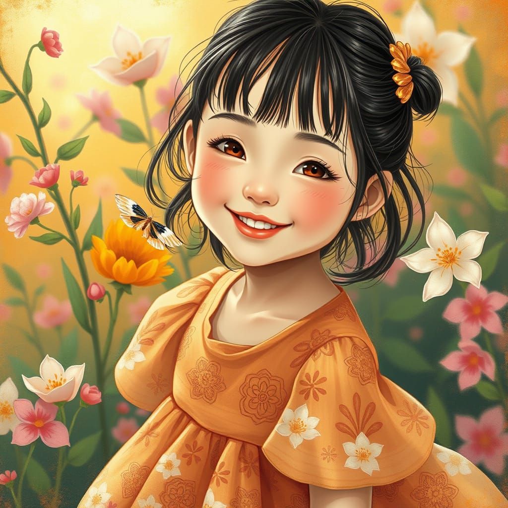 Girl in Floral Dress, Dreamy Art Style