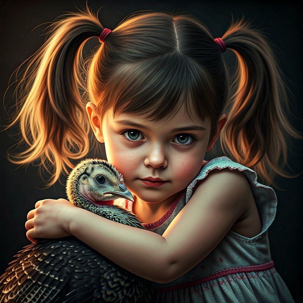Young Girl Hugs Turkey Portrait