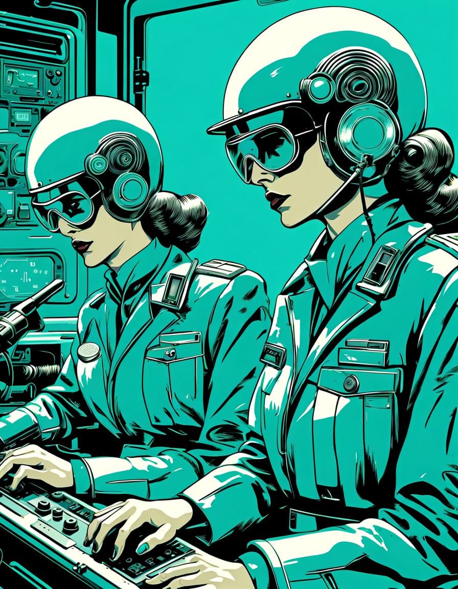 Retro-Futuristic Radar Operators in Turquoise Light
