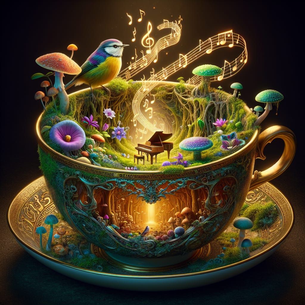 Enchanted Teacup: Miniature Forest and Singing Bird