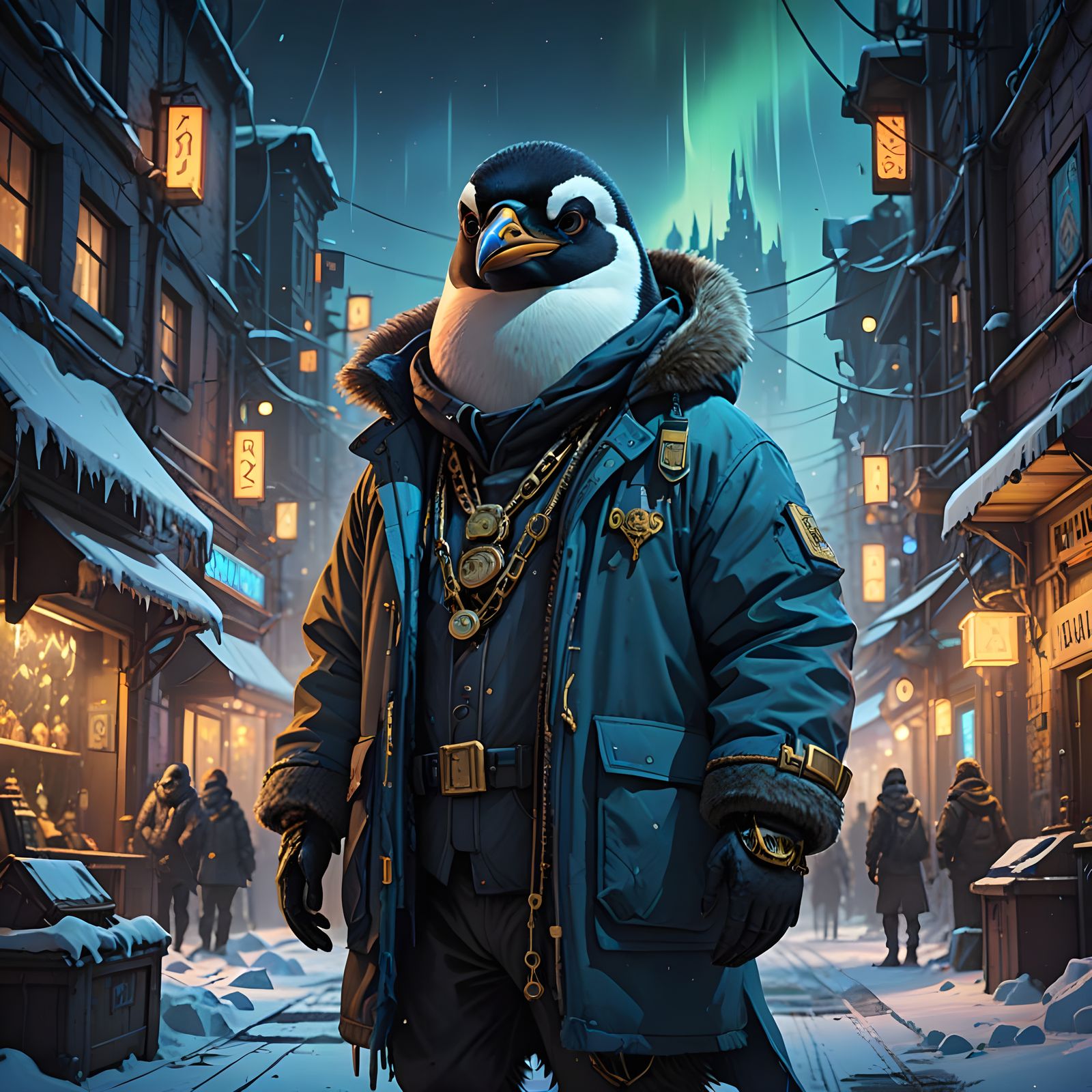 Surreal Frosty MC Penguin in a Vibrant Arctic Landscape