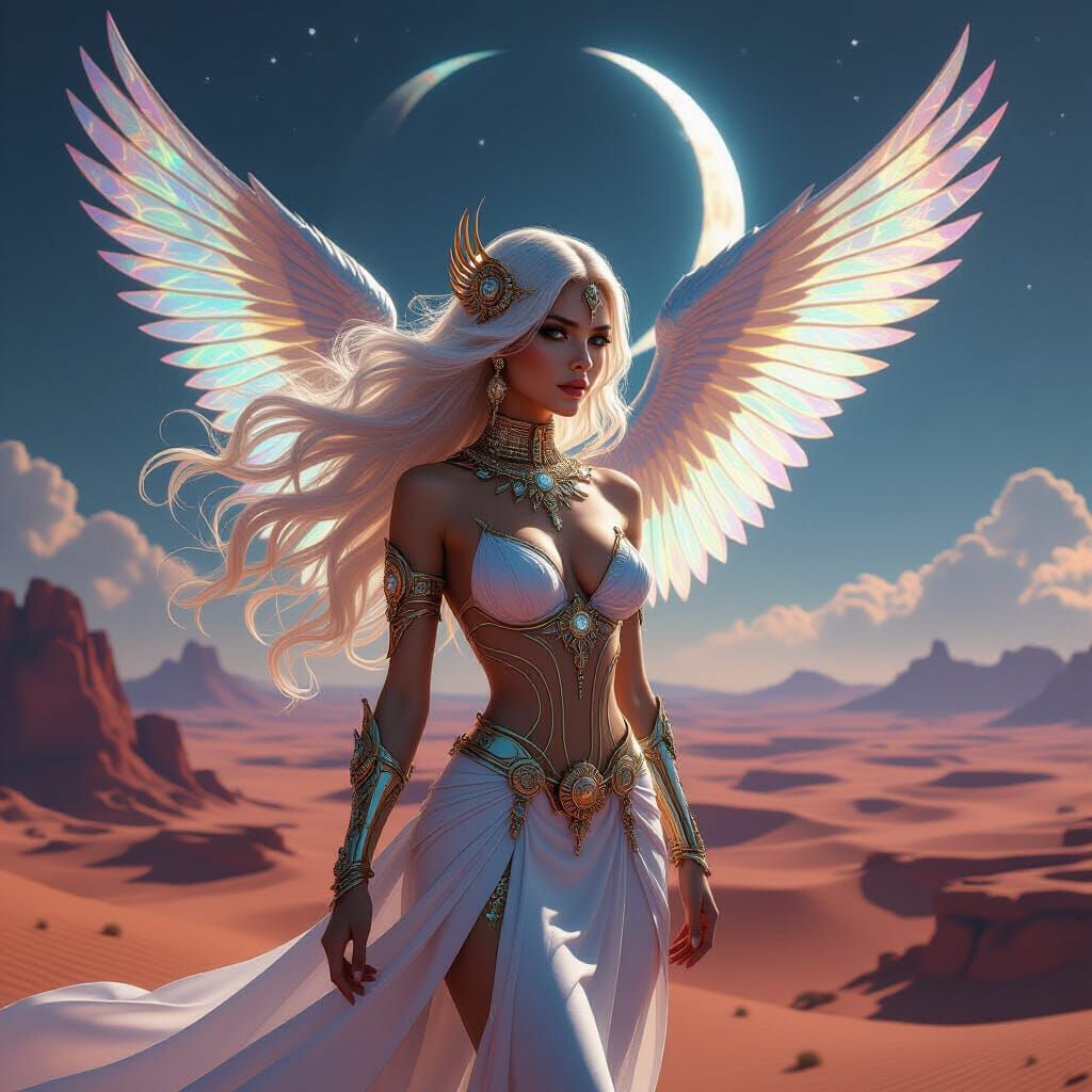 Goddess with Clockwork Jewelry Overlooking Alien Desert