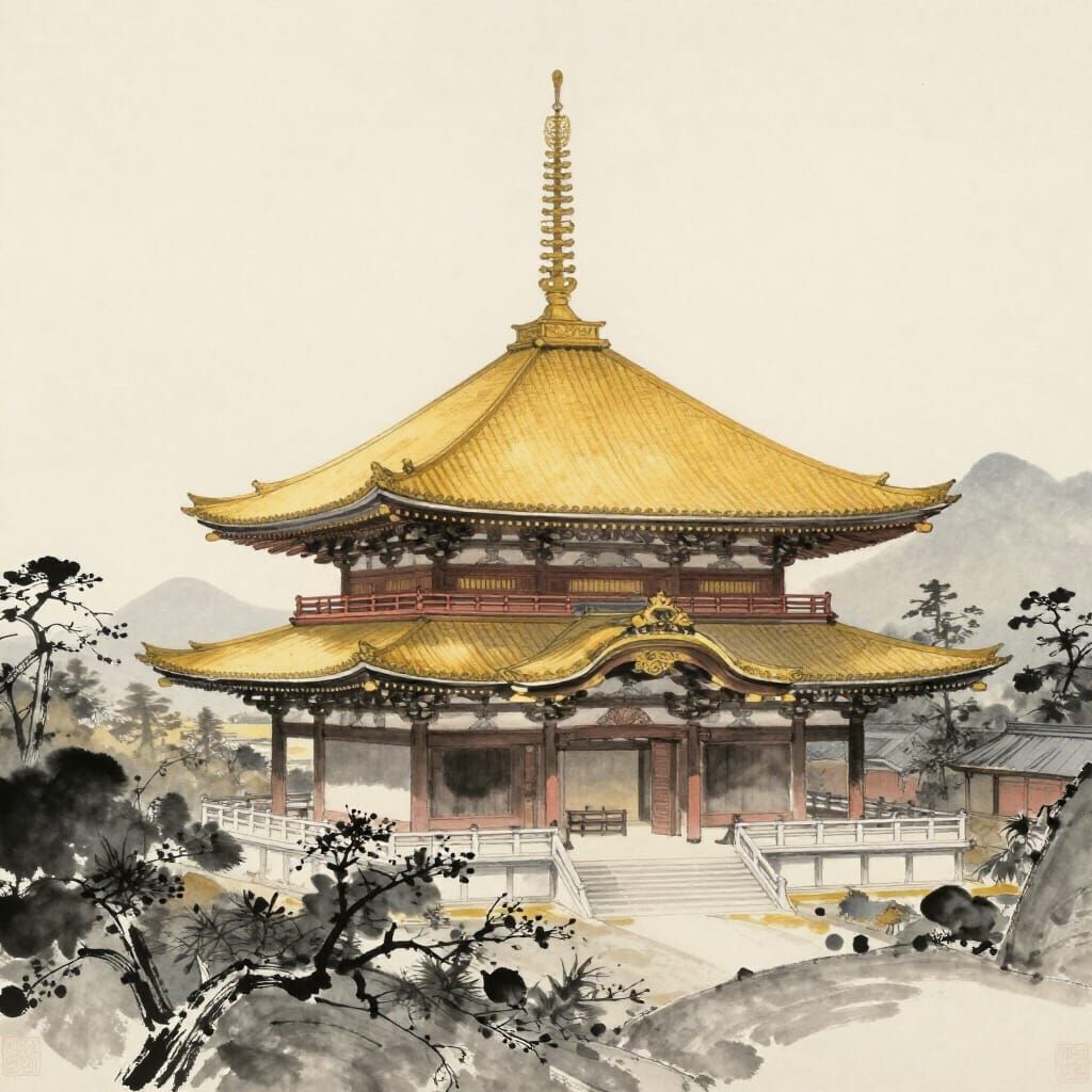 Golden Ratio Japanese Temple in Muted Ink Wash Style