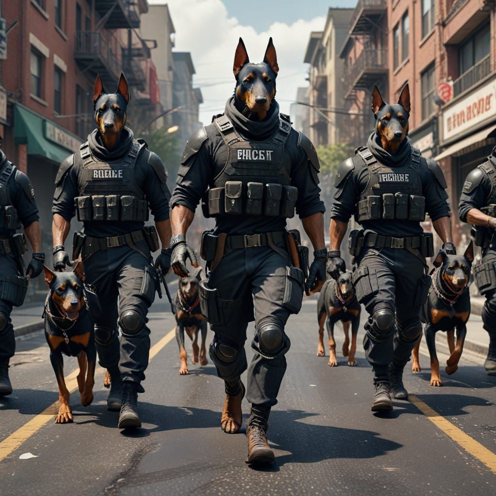 Humanoid Dobermans in SWAT Gear, Urban Grit