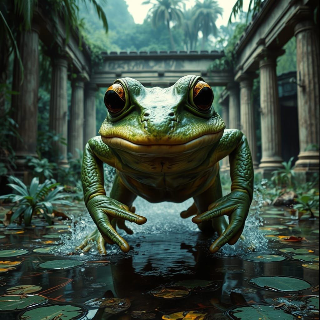 Grotesque Bullfrog Creature in Jungle Temple Ruins