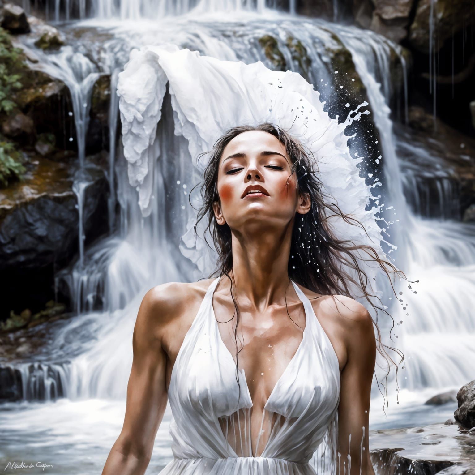 Surreal Waterfall Scene with Woman in White Dress