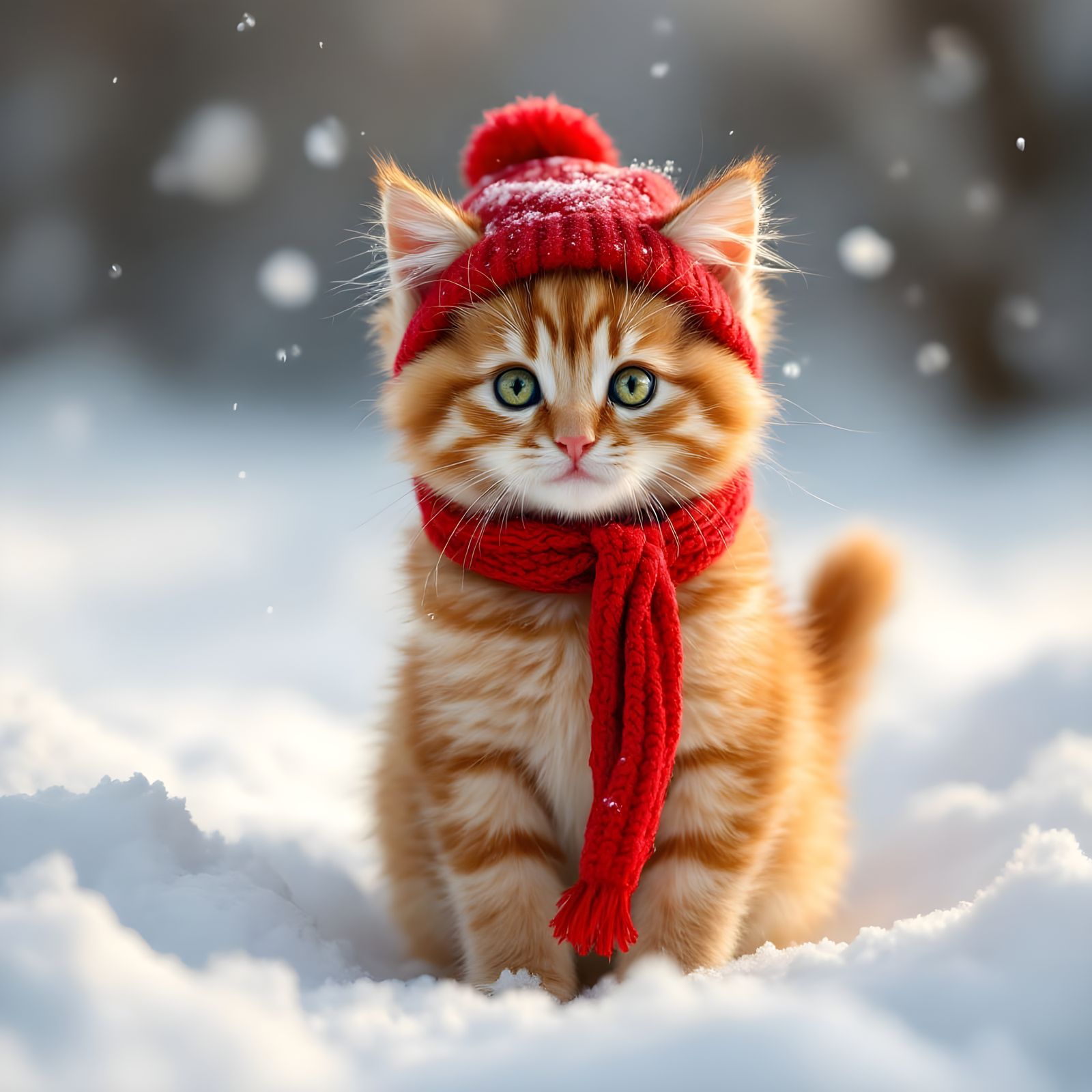 Ginger Kitten in Winter Wonderland with Snowfall, Red Hat, a...