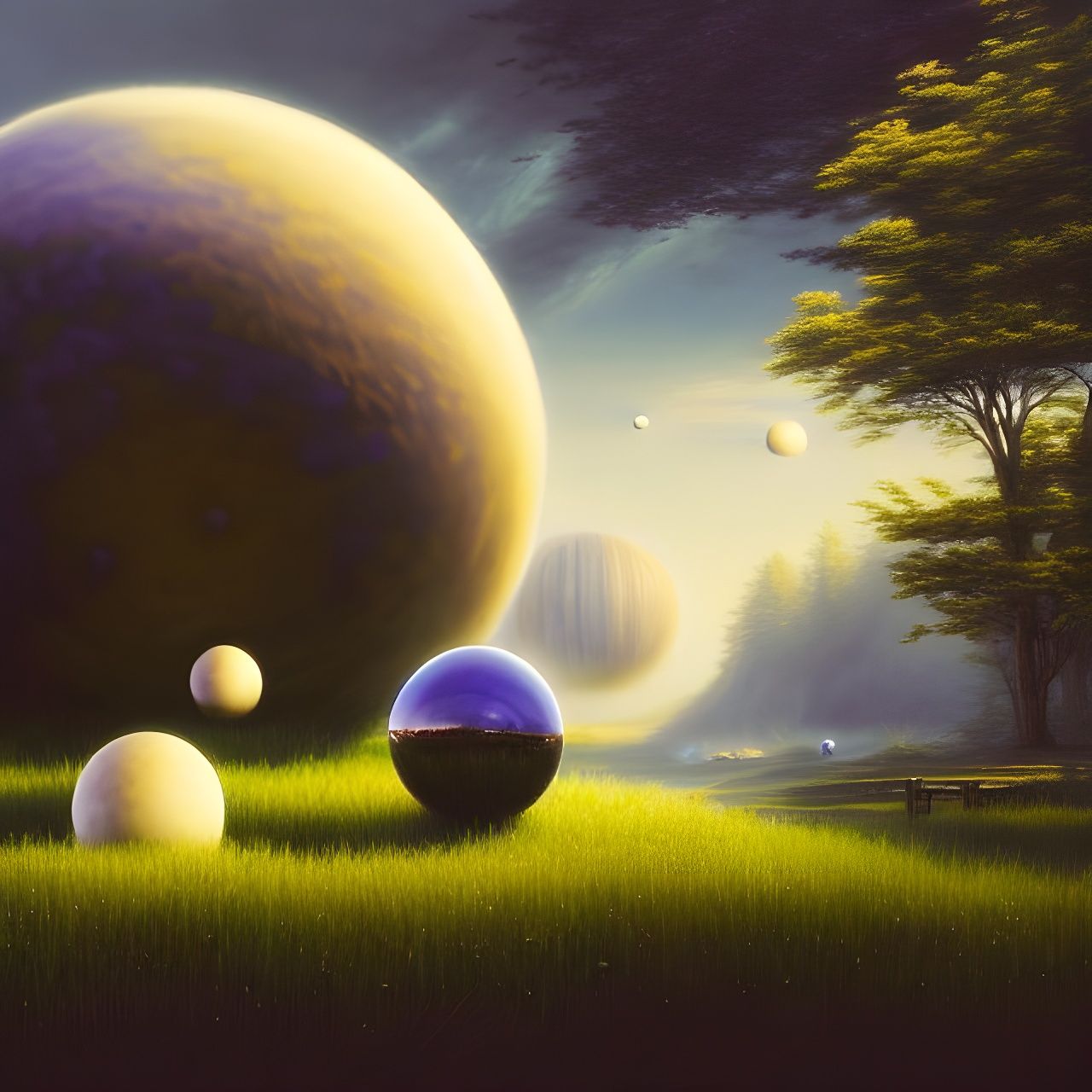 Surreal Landscape with Giant Orbs in Digital Art Style