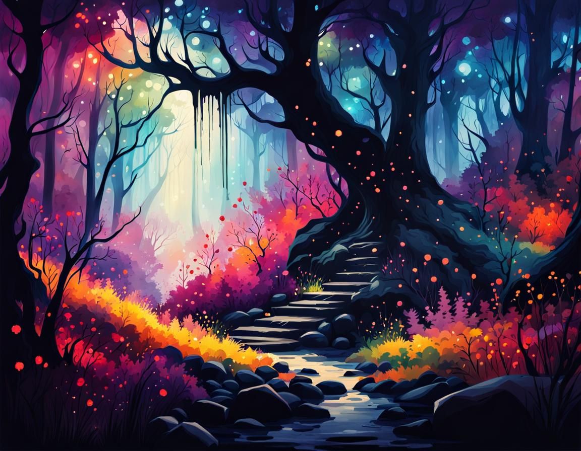 Dark Forest Grotto with Mystical Bokeh Effect