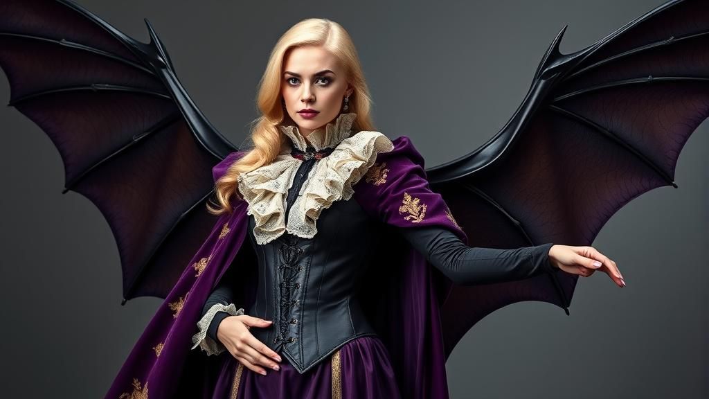 A blonde vampire regally dressed in purple and gold with leather bat wings large enough to support her flight.