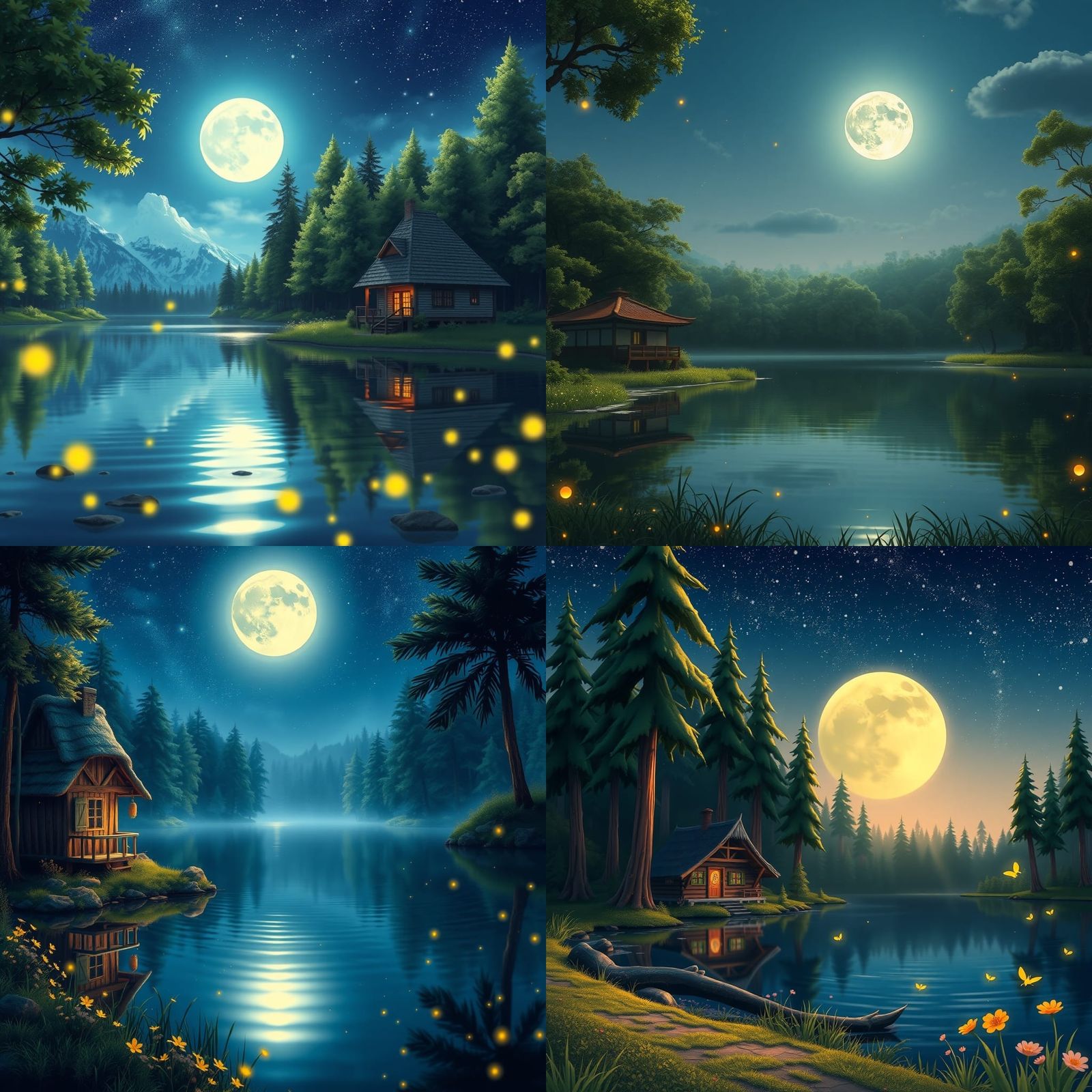Moonlit Lake with Fireflies in Disney Animation Style