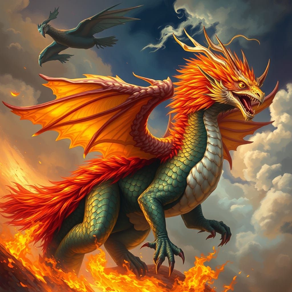 Majestic Dragon Phoenix Hybrid in Fantasy Art Style