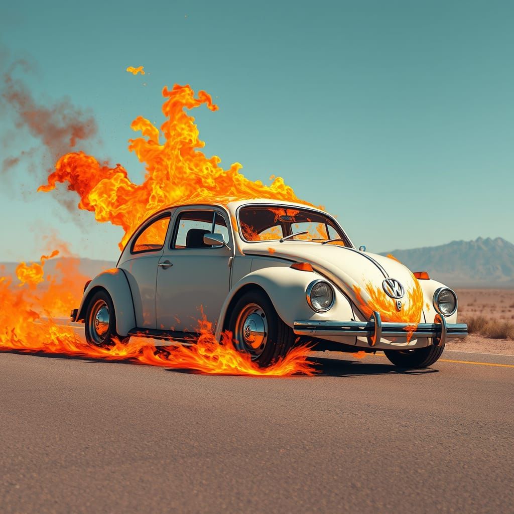 Volkswagen Fusca in Flames: Dystopian Futuristic Art