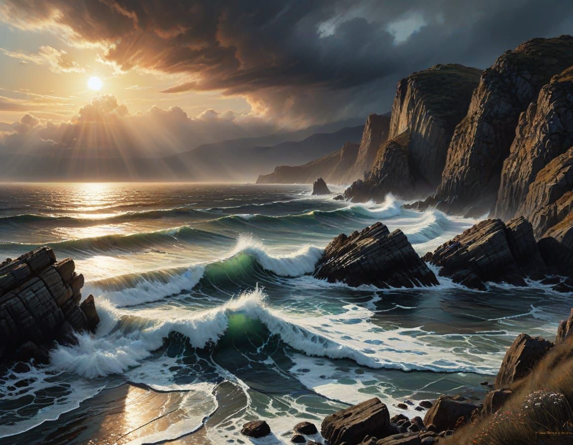 Stormy Coastal Sunset in Whimsical Watercolor Style