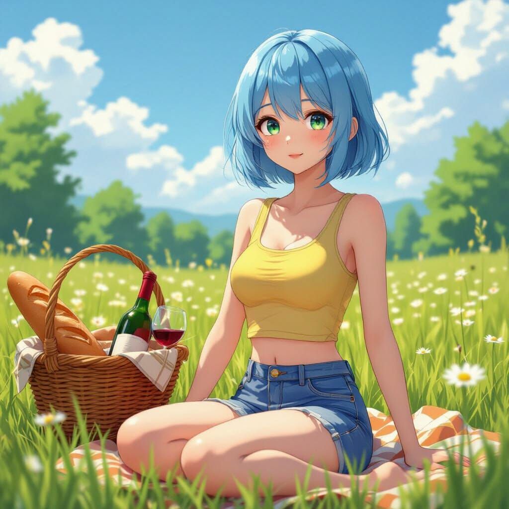 Anime Girl Picnic in Meadow, 3D Anime Art