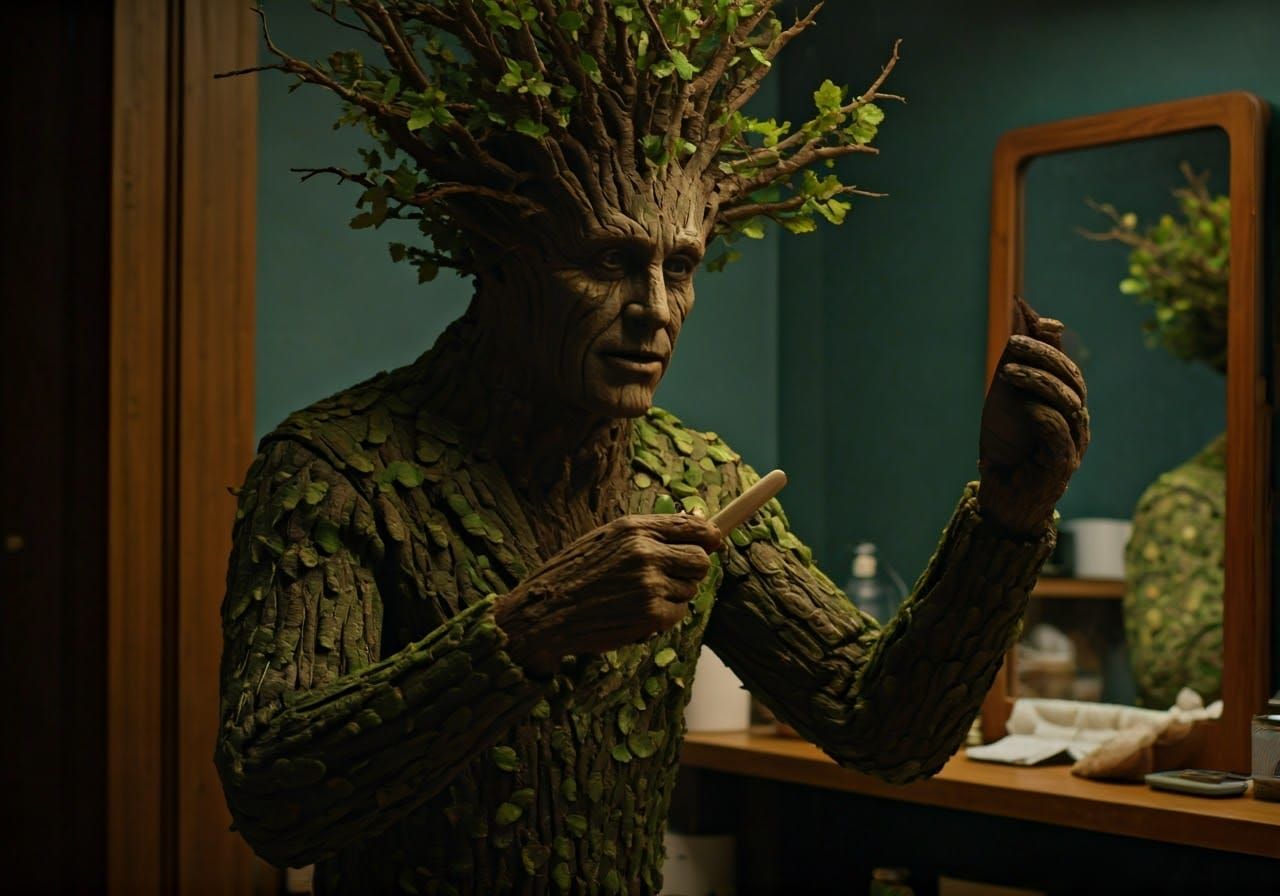 Tree Person Reflects in Greasy Mirror