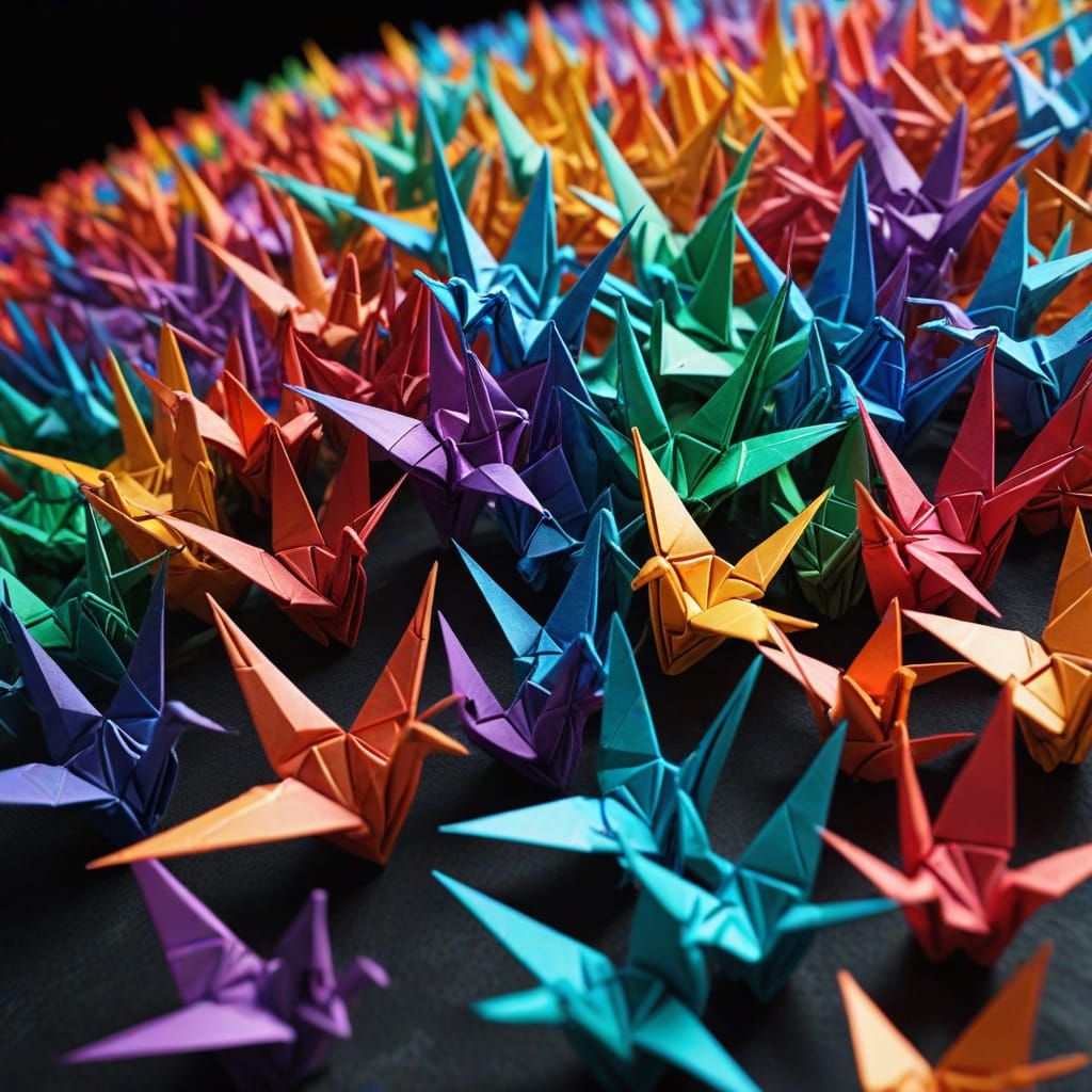 Rainbow Origami Cranes in Hyper-Realistic Digital Art
