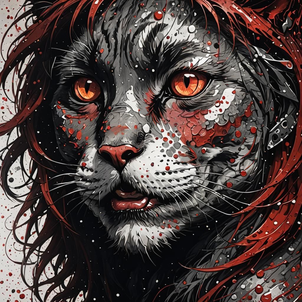 Cartoon Red Cat in Stipple Oil Painting