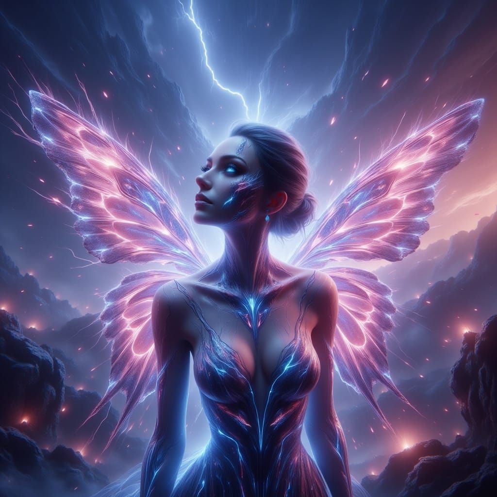 Woman with Glowing Neon Butterfly Wings in Cyberpunk Aesthet...