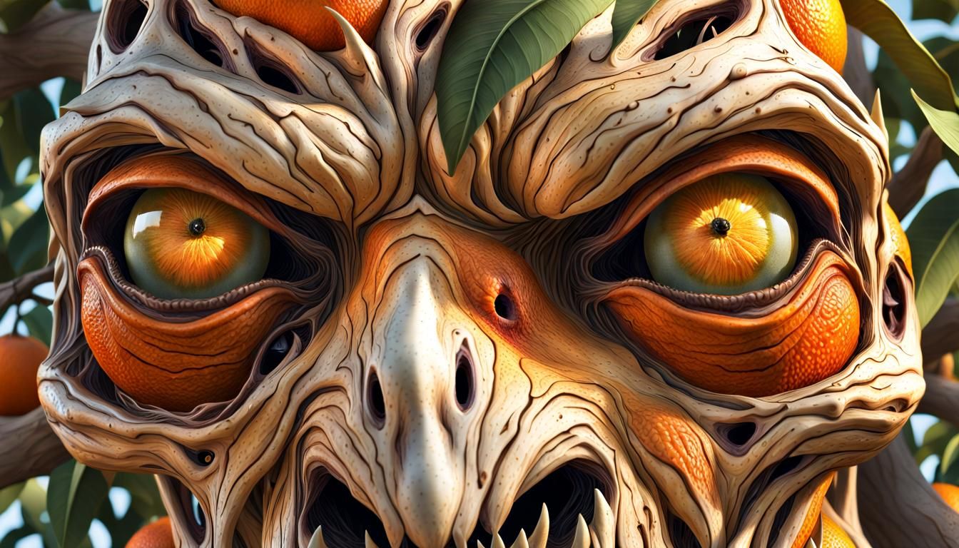 Hyperrealistic Orange Tree Monster in Enchanted Forest