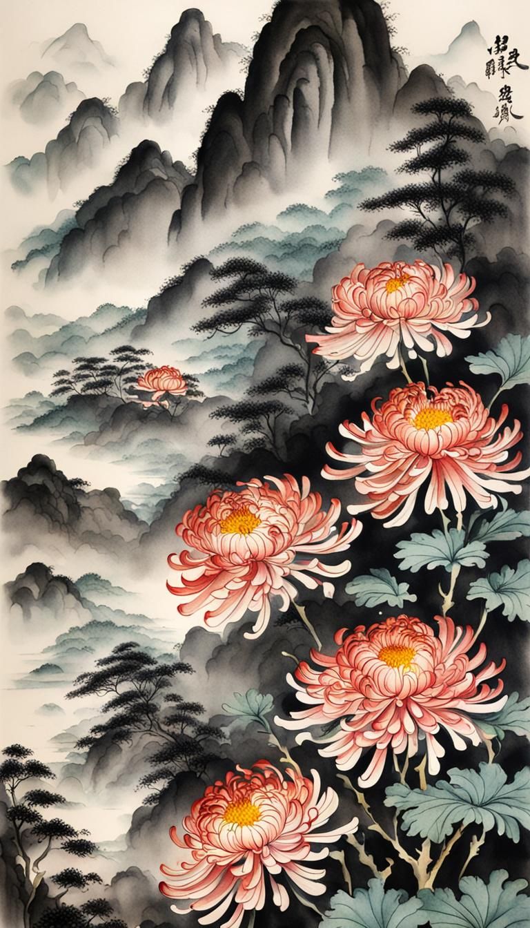 Chrysanthemum in Mountain Landscape, Chinese Ink Painting