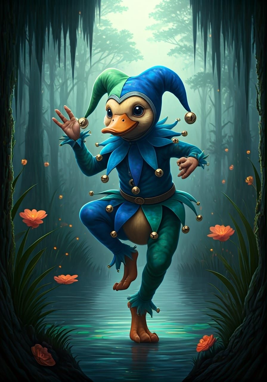Joyful Jester Duckling Dancing in Misty Bayou