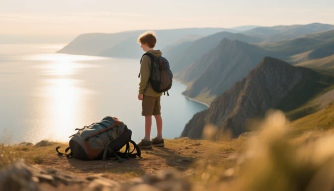 Tourist Embraces Mountain Adventure by Lake Baikal