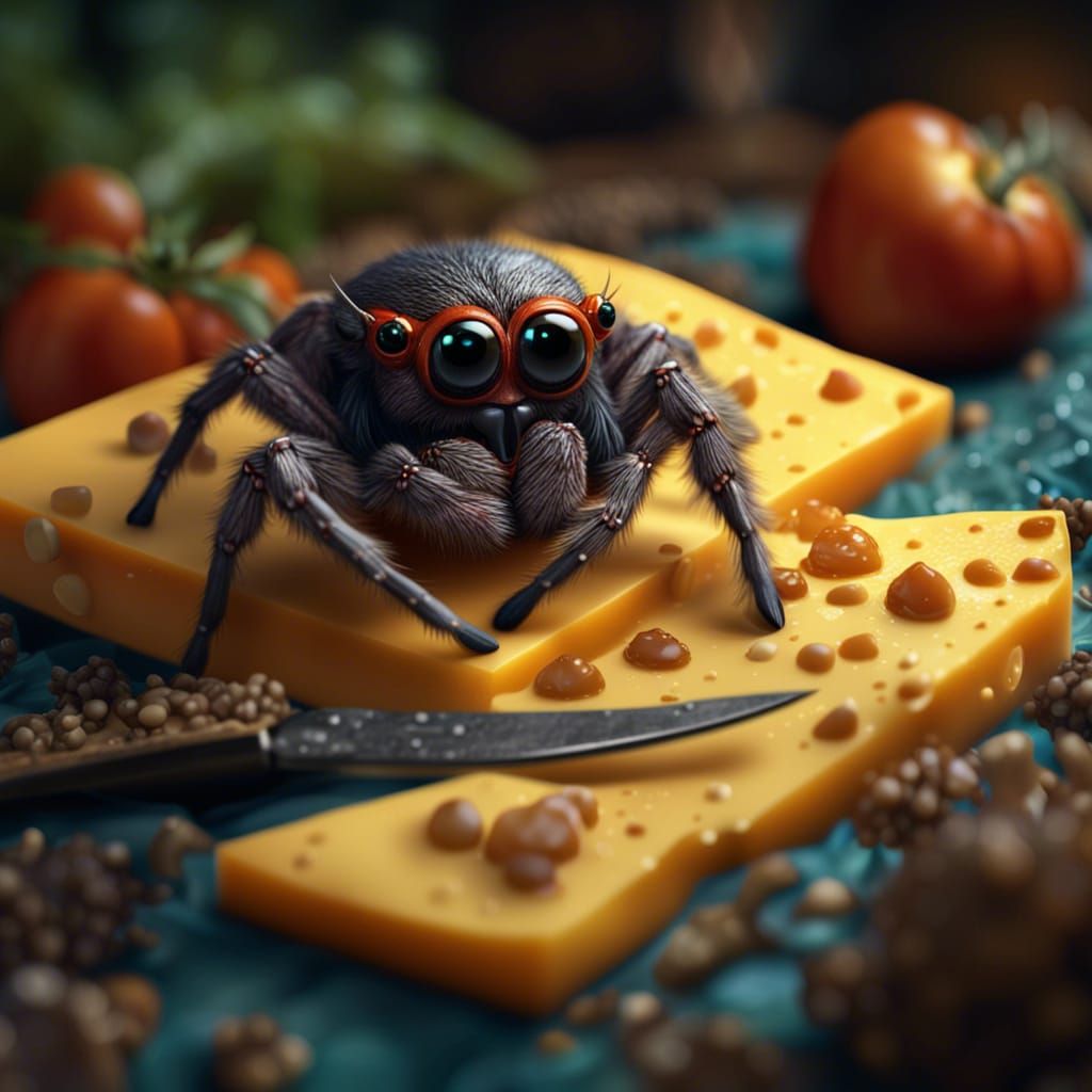 Baby Spider with Knives Eating Cheese