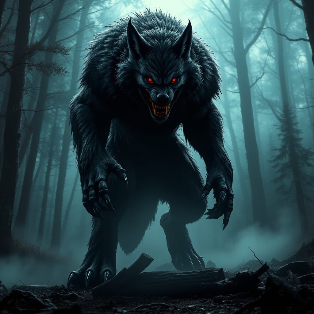 Towering Werewolf in Misty Forest