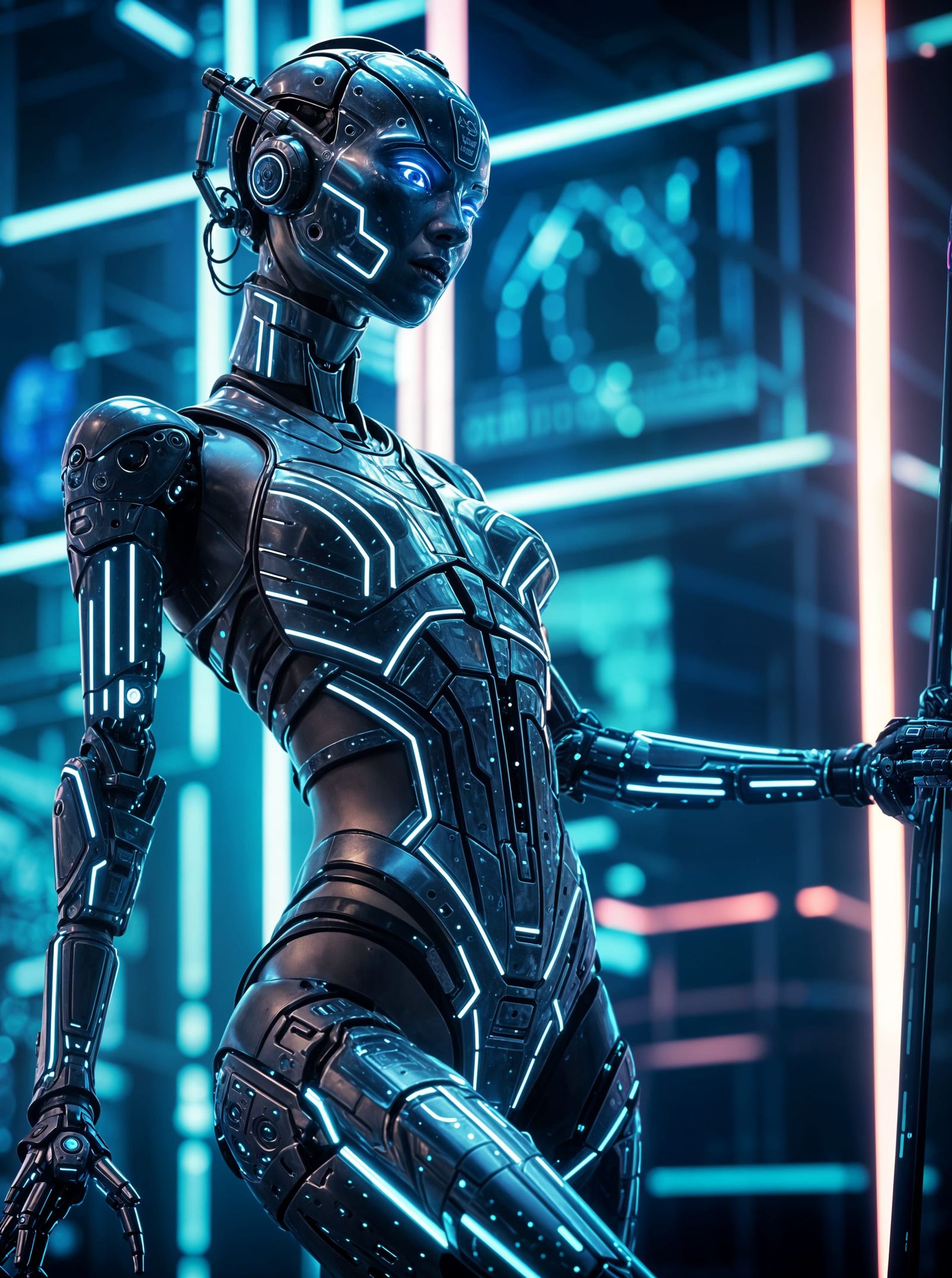 Neon Noir Robot Pole Dance in Futuristic Club