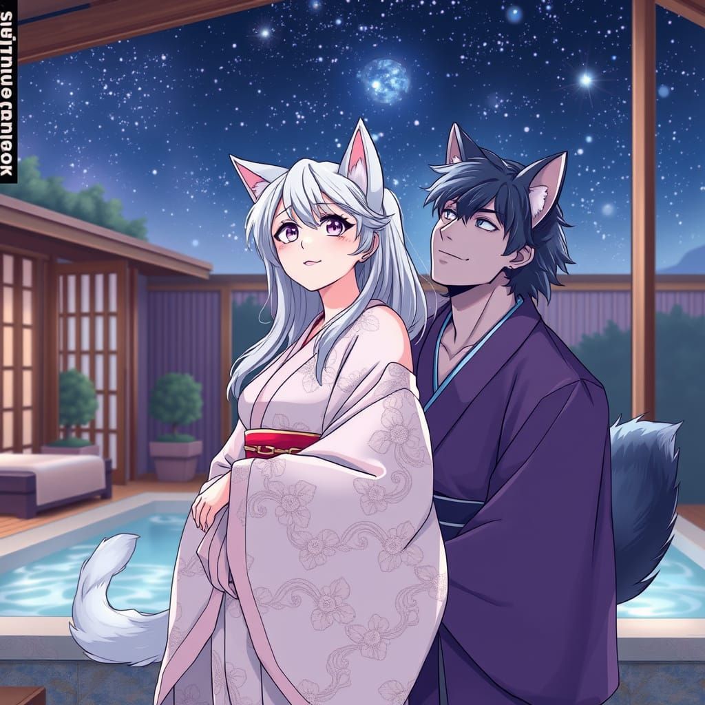 Stunning Star-Gazing Couple in Black and White Manga Style