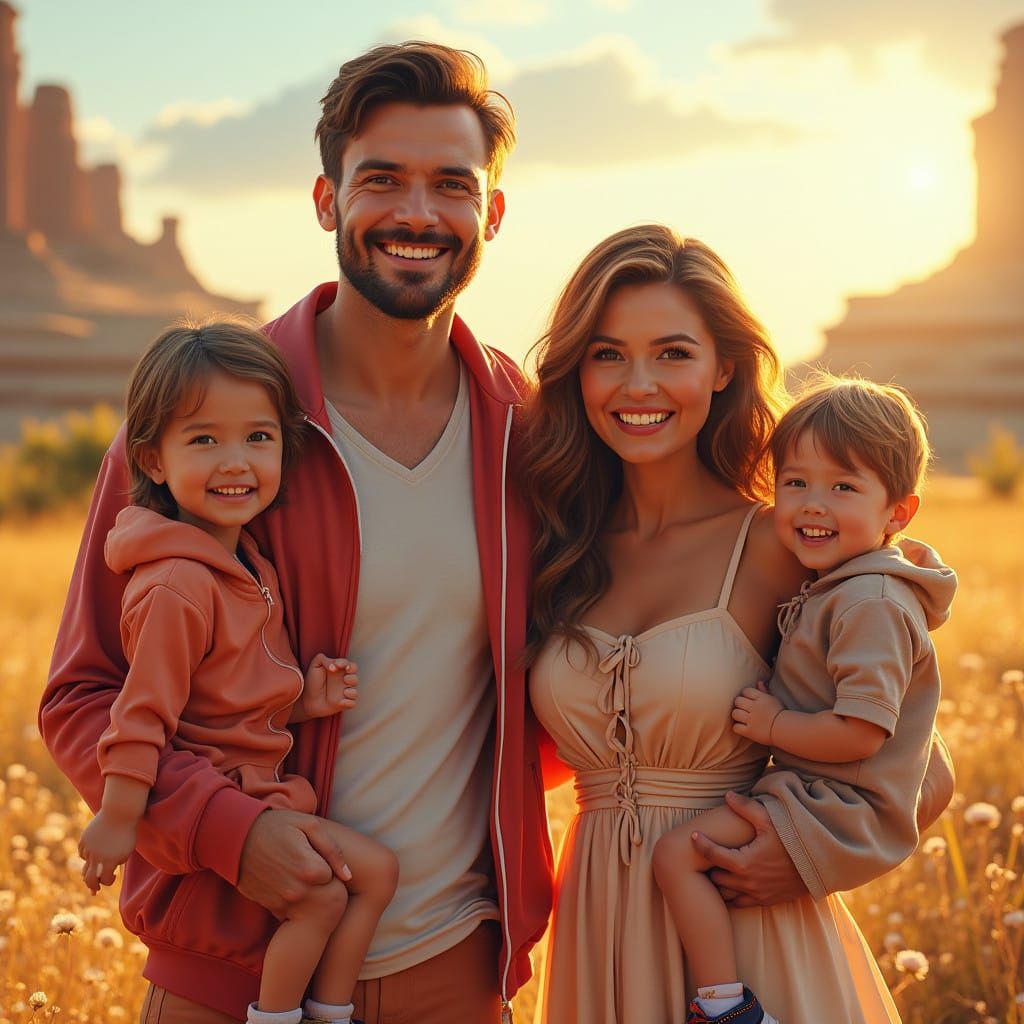 Joyful Family Portrait in Vibrant, Sun-Kissed Setting