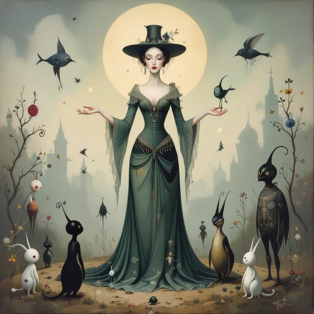 Whimsical Tamer and Strange Creatures in Dreamlike Painting