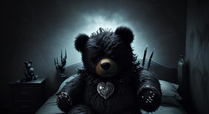 Sinister Teddybear Stares with Glowing Eyes in Dark Bedroom
